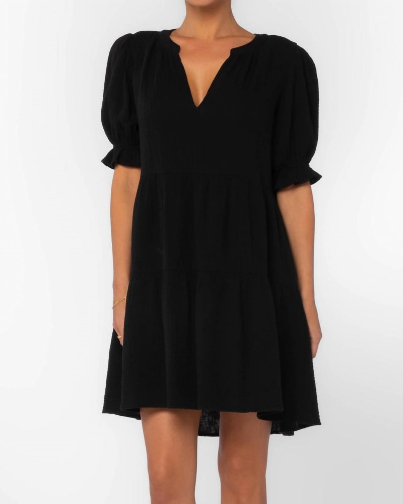 Front of a model wearing a size L Marscina Dress in Black in Black by Velvet Heart. | dia_product_style_image_id:335225
